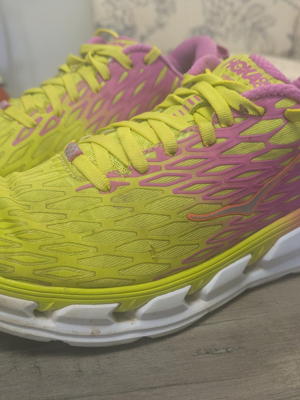 Hoka Women’s Neon Yellow and Pink Running Sneakers